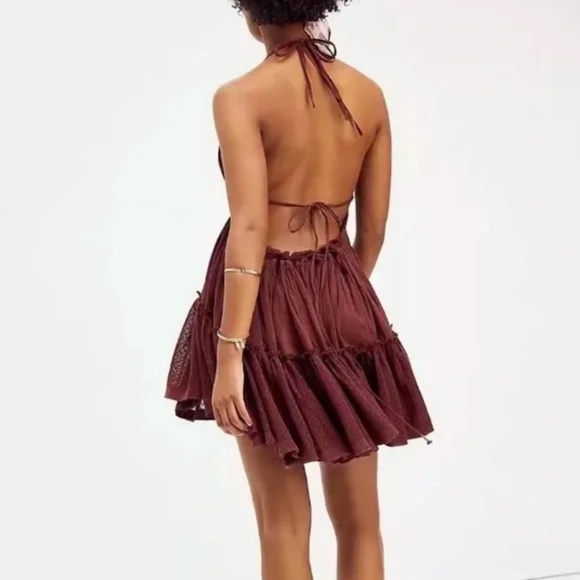 SOLD OUT Wine Swiss Dot Mesh Boho Halter Mini Dress - Picture 2 of 6